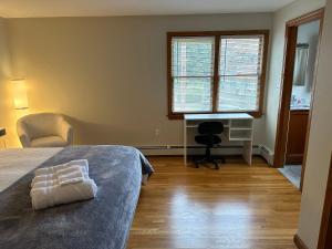 a bedroom with a bed and a desk and a window at Boston Single Family House - 19' Train to Back Bay in Boston