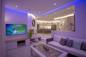 a living room with a couch and a tv at VILLA PANAMERA Mykonos, Private Heaven, Supreme View! in Fanari