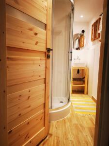 a bathroom with a shower and a wooden door at Letniczówka Guciów-Pokochaj Roztocze in Guciów