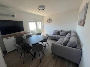 ein Wohnzimmer mit Sofa und Tisch in der Unterkunft Apartmani Vision Mandre in Mandre
