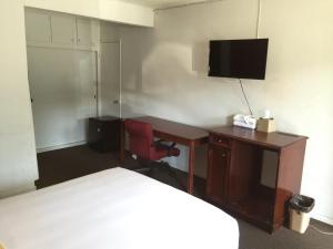 um quarto com uma cama, uma secretária e uma televisão em Holiday Lodge em Los Angeles