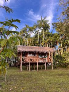 a small hut with a straw roof on a field at Bioma EcoLodge in Iranduba