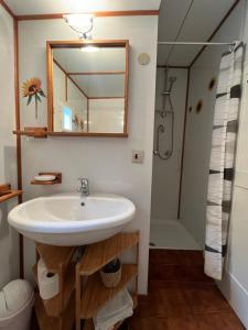 um banheiro com pia e espelho em Le civette em Montecatini Val di Cecina