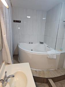 Golden Tree Hotel Belize في مدينة بليز: حمام مع حوض استحمام ومغسلة