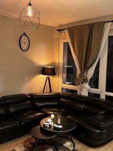 un salon avec un canapé en cuir et une horloge dans l'établissement Rue blaes Appartement, à Bruxelles
