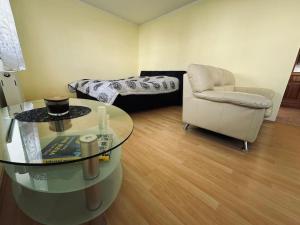 a living room with a glass table and a chair at Ubytování na vesnici in Zemětice