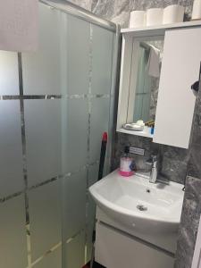 een badkamer met een douche en een wastafel bij Amida Family pansiyon in Istanbul