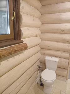 a bathroom with a toilet in a wooden wall at Rooslepa puhkemaja in Tuksi