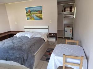 a bedroom with a bed and a table in it at Harry World Parque Hotel in Curitibanos +56 photos