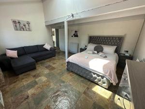 a bedroom with a bed and a couch in a room at Dwylig Isa Holiday Cottages in Rhuddlan