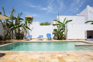 a swimming pool with two blue chairs and a house at La Floristería Zahora in Zahora