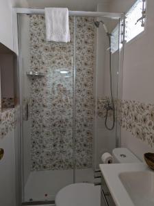 a bathroom with a shower with a toilet and a sink at La Muralla in Villajoyosa +58 photos