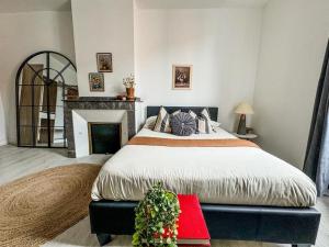 a bedroom with a large bed and a fireplace at T3 Familial Pro Tarbes centre in Tarbes