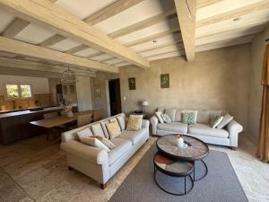a living room with two couches and a table at Les Restanques De Beaudine in Forcalquier