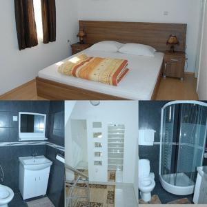 Morović的住宿－維拉諾瓦旅館，卧室配有一张床和一间浴室的两张照片