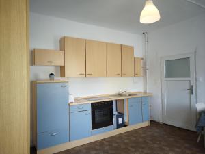 a kitchen with blue cabinets and a stove top oven at Daily Weekly Monthly Apartment in Glauchau