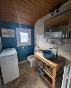 a bathroom with a toilet and a sink and a mirror at Le perchoir de St-Antoine in Honfleur