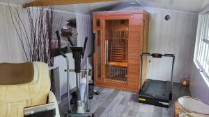 un salon avec une chaise et une télévision dans l'établissement Gîte 4 pers L'Ainstant Présent, à Ambérieux-en-Dombes