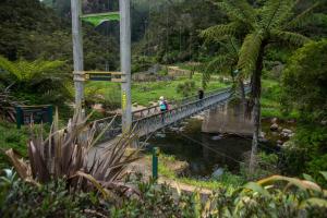 two people walking across a bridge over a river at Pedlars Motel in Paeroa