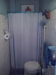 bagno con tenda da doccia bianca e servizi igienici di Casa En El Corazón De Mendoza a Mendoza Altre 38 foto