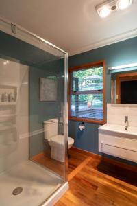a bathroom with a shower and a toilet and a sink at Tosswill Road - Bay Vista in Nelson