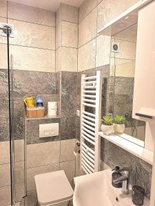a bathroom with a shower and a toilet and a sink at Azimut apartman in Bijeljina +35 photos