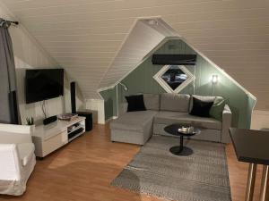 a living room with a couch and a tv at Koselig garasjeloft! in Holen