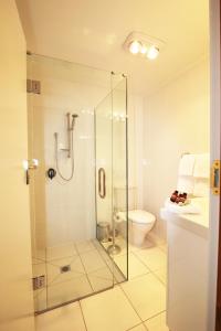 W łazience znajduje się przeszklony prysznic i toaleta. w obiekcie Te Puru Beach Lodge w mieście Te Puru