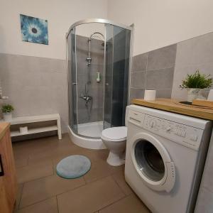 łazienka z prysznicem i pralką w obiekcie Apartament Parkowy w mieście Kętrzyn