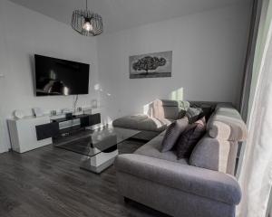 a living room with a couch and a tv at Apartman Dora in Crikvenica