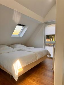 a bedroom with a large bed with a skylight at Traumhaft moderne Ferienhaus-Tiny House in 78554 Aldingen in Aldingen