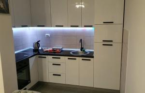 a kitchen with white cabinets and a sink at Istocno Sarajevo, Lukavica, Great View Apartment in Donje Mladice +18 photos
