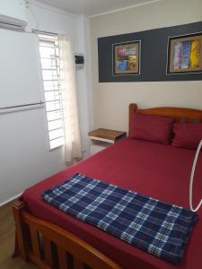 ein Schlafzimmer mit einem roten Bett und einem Fenster in der Unterkunft BIDESI VILLA Apartments in Suva