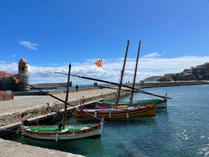 Trois bateaux assis dans l'eau à côté d'une plage dans l'établissement Studio avec terrasse, parking à 170m de la plage - FR-1-309-463, à Collioure