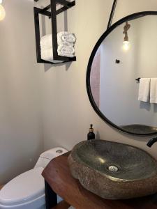 卡利马Glamping Las Rocas的带水槽、马桶和镜子的浴室