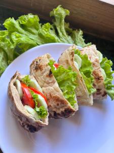 a white plate with two tortilla sandwiches and lettuce at Chakzot garden house in Leh