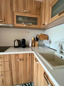 Una cocina con gabinetes de madera y un fregadero. en Mountain Breeze Villa, en Rogachevo