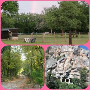 a collage of three pictures of a park with a rock at Séjour à la ferme in Vaylats