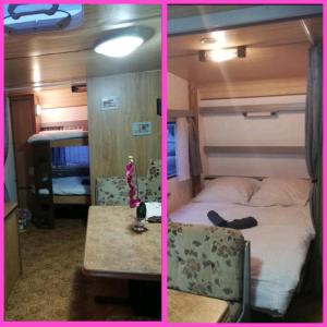 two pictures of a bedroom with a bed and a table at Séjour à la ferme in Vaylats