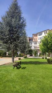 un parque con un banco y un árbol y un edificio en Mountain Breeze Villa, en Rogachevo