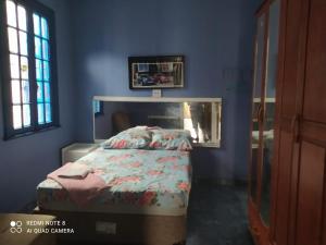 een slaapkamer met een bed in een blauwe kamer bij Ufuk Hotel in Sao Paulo