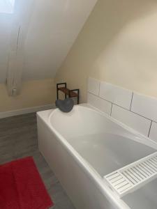 a white bath tub in a room with a red rug at Chez Gus - 10 personnes - BCLA in Arnage +36 photos