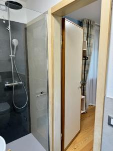 una doccia in un bagno con una porta in vetro di Ca Dolomia, 5 minutes from center and slopes a Cortina dʼAmpezzo Altre 44 foto
