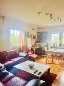 ein Wohnzimmer mit Sofa und Tisch in der Unterkunft Nice and cozy House in Frisange