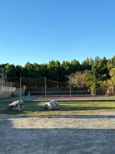 un court de tennis avec deux gros rochers sur l'herbe dans l'établissement G02 Mobil-home gamme prestige aux Oyats 4 étoiles, à Seignosse