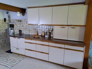 a kitchen with white cabinets and a counter top at Familienfreundliches Bregenzerwälderhaus in Au im Bregenzerwald