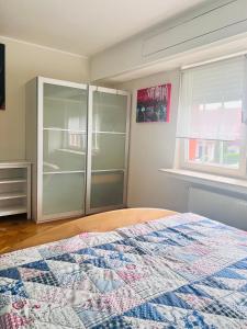 Schlafzimmer mit einem Bett und einem Glasschrank in der Unterkunft Nice and cozy House in Frisange + 15 Fotos