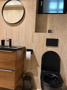 a bathroom with a black toilet and a mirror at AleA Central Studio Art Museum in Craiova