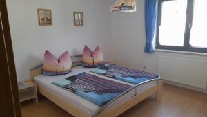 a bedroom with two beds with pink pillows on them at Ferienwohnung Tanja in Schernfeld