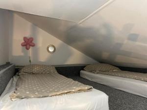 sypialnia z 2 łóżkami i kwiatem na ścianie w obiekcie Domki na Łące w Sarbinowie